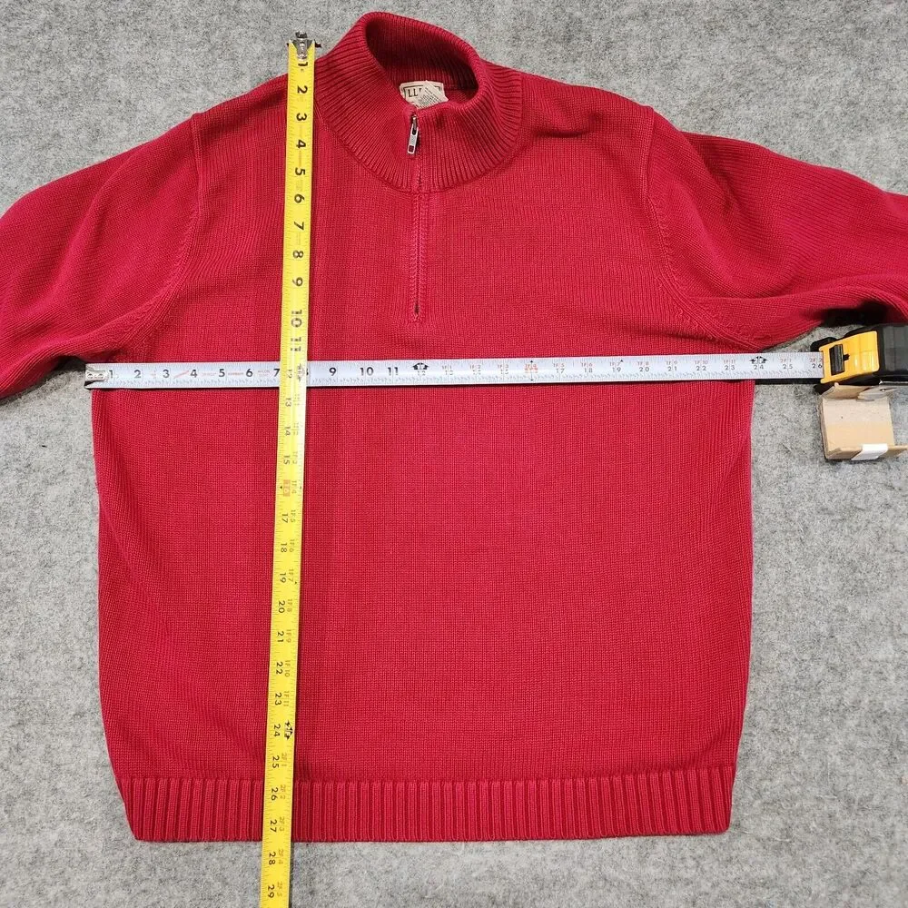LL Bean Mens L Large 100% Cotton‎ Knit Red Pullover 1/4 Zip Heavyweight Sweater